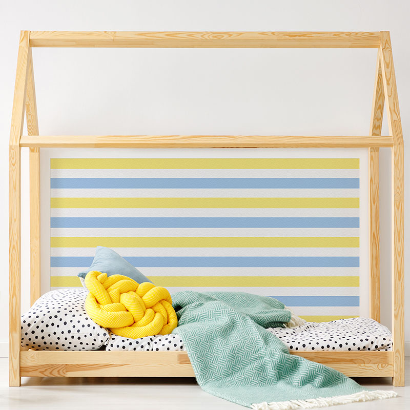 Cabecero de cama de vinilo Infantil Rayado Azul y Amarillo detalle cama