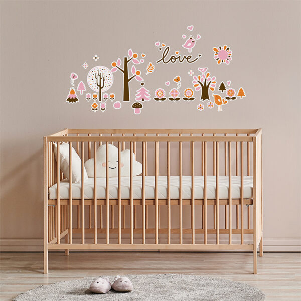 Vinilo infantil bosque love rosa cuna