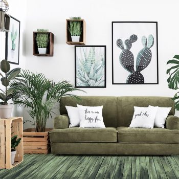 Salón alfombra vinílica desgastada verde