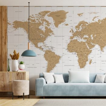 Papel pintado autoadhesivo mural Mapa del mundo blanco y beige salón