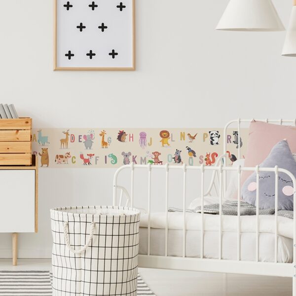 Vinilos decorativos cenefa autoadhesiva Infantil Animales y Abecedario dormitorio